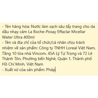 Nước Tẩy Trang La Roche Posay Eau Micellaire Ultra 400ml