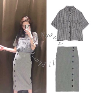 Set áo sơ mi và chân váy midi kẻ caro zara