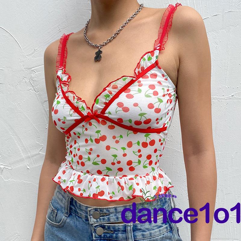 Áo Hai Dây In Hình Trái Cherry Gợi Cảm Cho Nữ