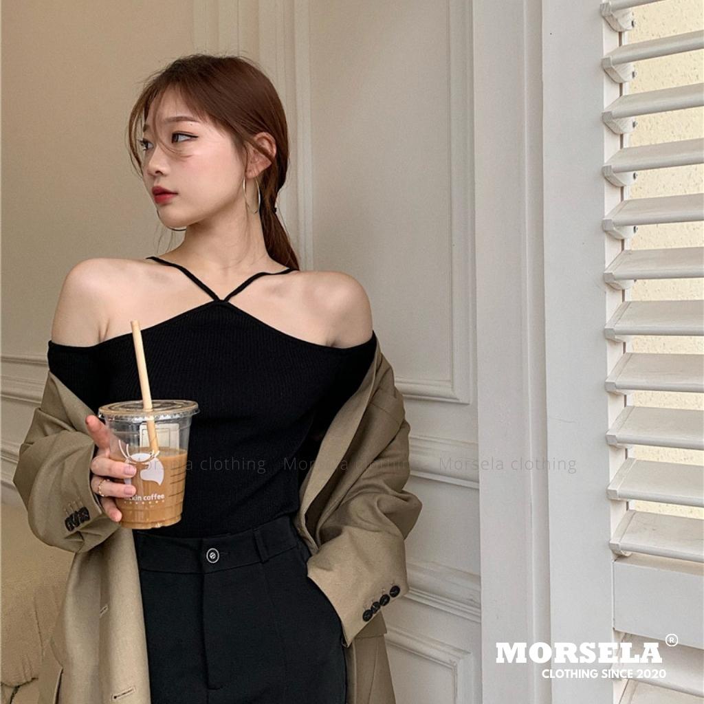 MORSELA® chính hãng - Áo croptop nữ 2 dây cổ yếm trễ vai ôm body tay dài - Áo yếm bẹt vai
