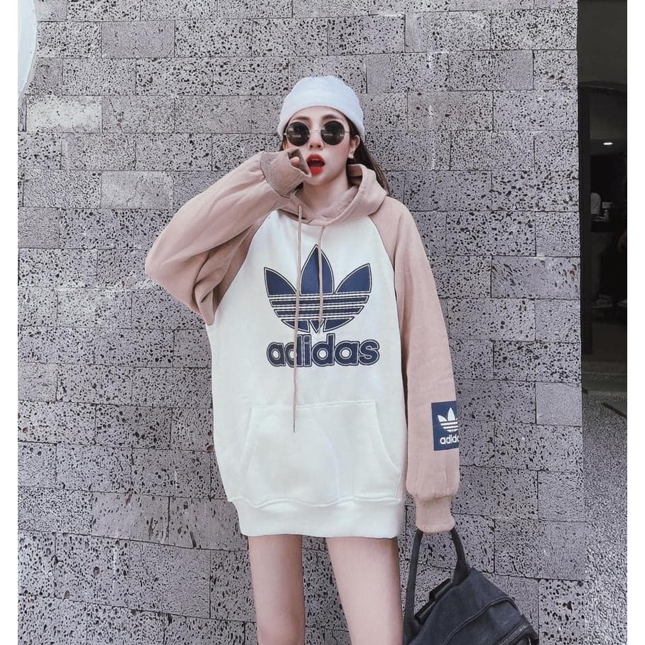 Áo nỉ nữ hoodies có mũ from rộng dấu quần DASS chất nỉ bông siêu ấm màu trắng phối hồng