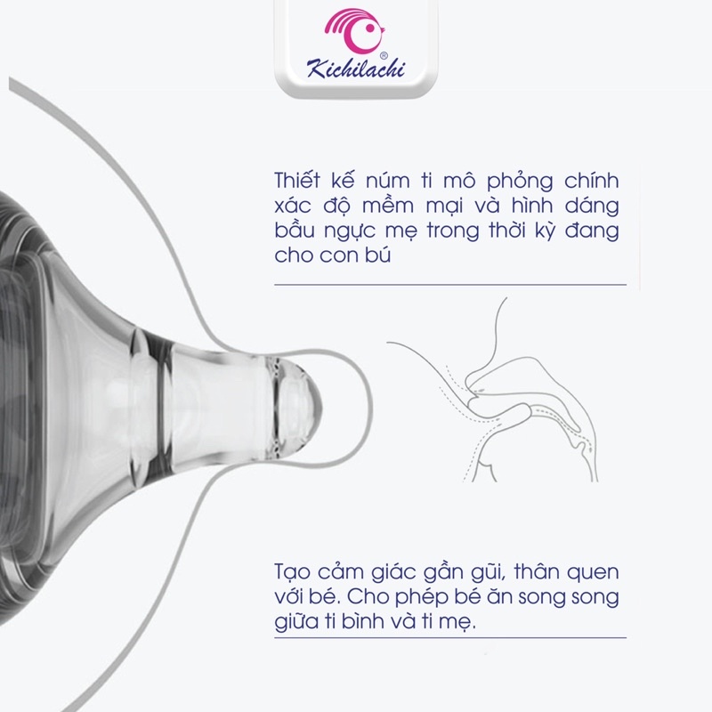Núm Ti Bình Bò Sữa Kichilachi Cổ Rộng 100% Silicone Cao Cấp, Siêu Mềm, Mô Phỏng Bầu Vú Mẹ
