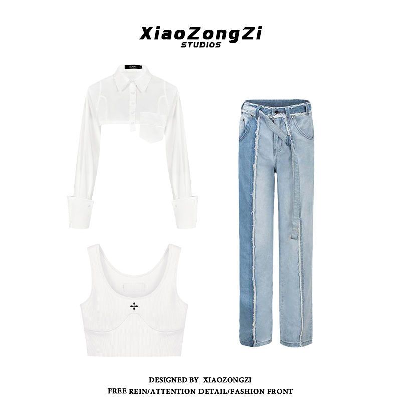 Set Áo Sơ Mi + Áo Khoác Không Tay + Quần Jeans Màu Sắc Thời Trang Mùa Hè Cho Nữ