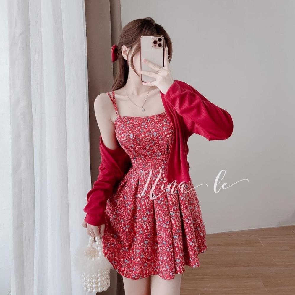 [ 𝐅𝐑𝐄𝐄 𝐒𝐇𝐈𝐏 ] Set váy áo cardigan đỏ mix váy hoa nhí xòe 2 dây