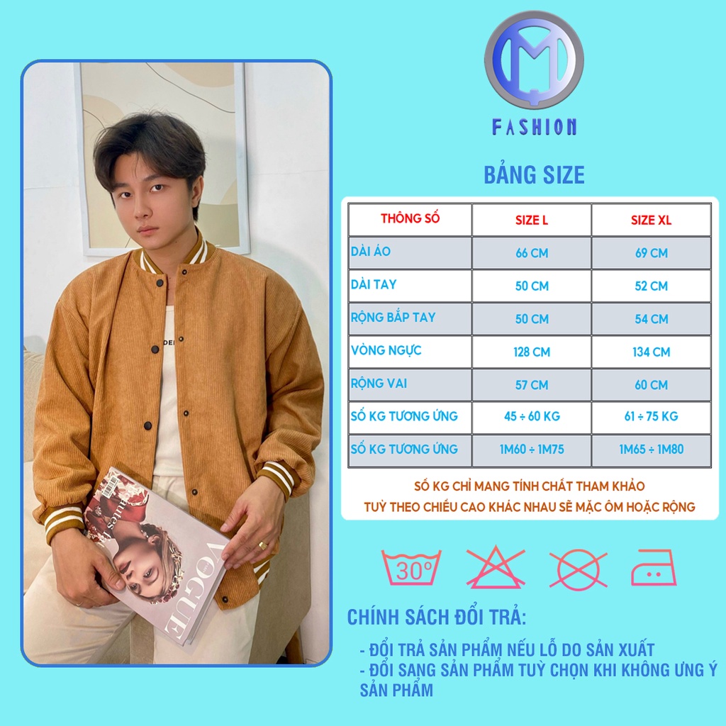 Áo khoác nam bomber nhung tăm nỉ đẹp 2 lớp form rộng bóng chày cao cấp M Fashion BB01
