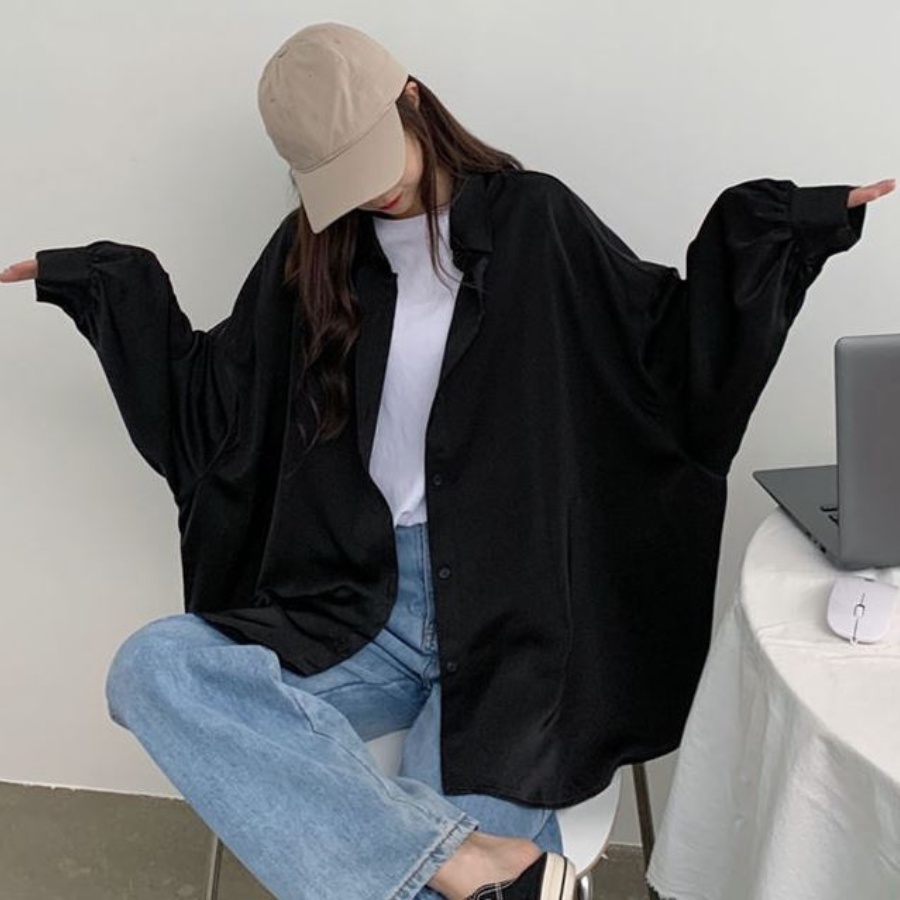 Áo Sơ Mi Nữ Form Rộng Khoác Ngoài Dài Tay màu đen &amp; trắng HAF05 Hỉn Hỉn Store