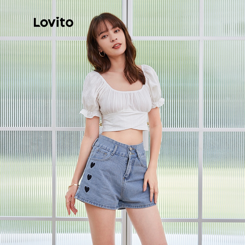 Áo Kiểu Lovito Màu Trơn Ôm Dáng Cột Sau Lưng Tay Ngắn Phồng Viền Xếp Nếp Thường Ngày L04180 (Màu Trắng) | BigBuy360 - bigbuy360.vn