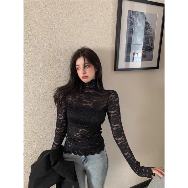 Áo dài tay ren có lót che ngực sexy ôm body màu trắng đen .