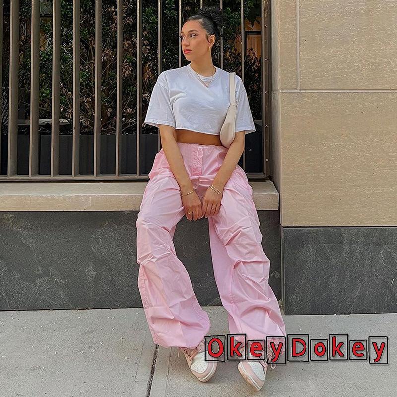 Quần Baggy Lưng Thấp Màu Trơn Phối Dây Rút Thời Trang Harajuku y2k