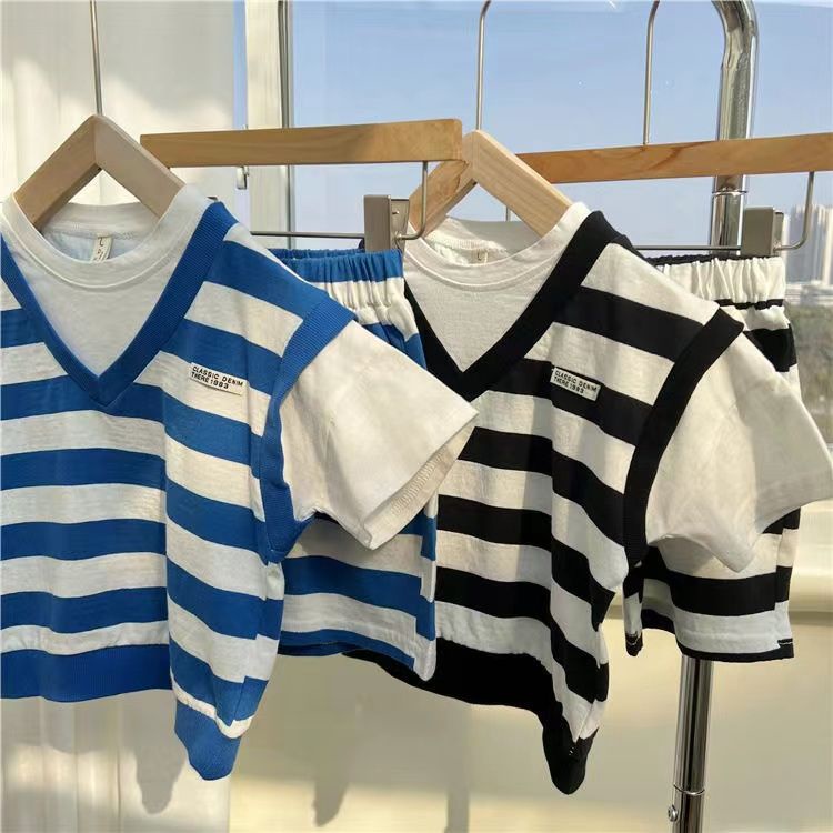 Set Đồ Thể Thao Mùa Hè 22 Món Gồm Áo Thun Tay Cộc Giả Hai Mảnh + Quần Ngắn Kẻ Sọc Màu Tương Phản Phong Cách Hàn Quốc Cho Bé Trai / Bé Gái