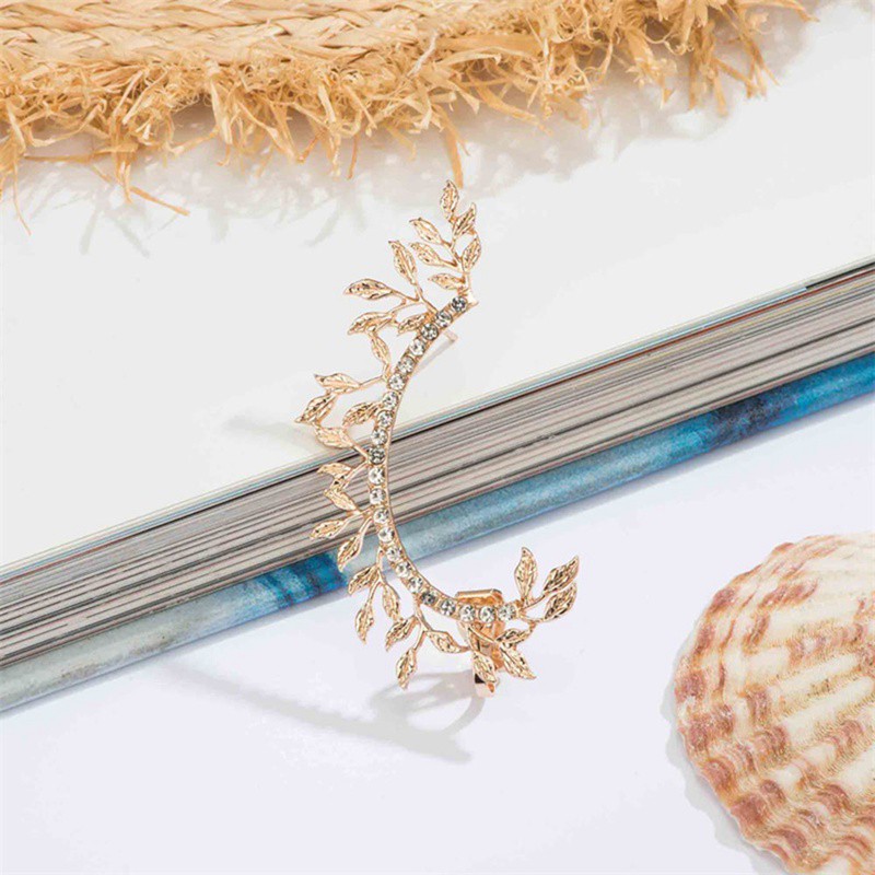 Khuyên tai kẹp vành hợp kim mạ vàng bạc đính đá pha lê toàn bộ hình chiếc lá phong cách vintage quà tặng cho nữ