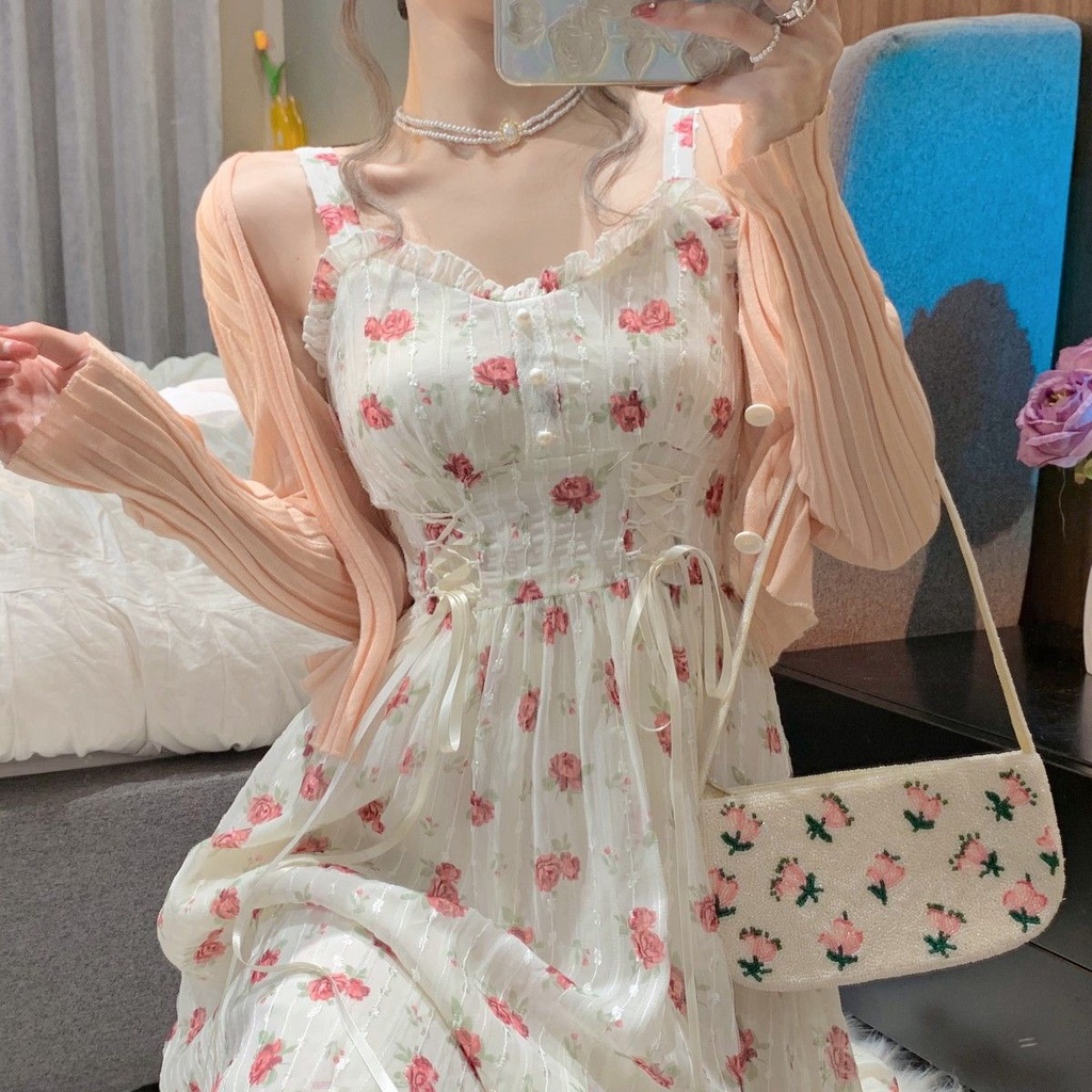 Đầm Chiffon Dệt Kim Lụa Lạnh Dệt Kim Cột Dây Họa Tiết Hoa Thời Trang Mùa Hè Hàng Mới