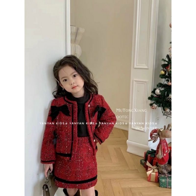 Set  dạ đỏ nơ bé gái 2023 về