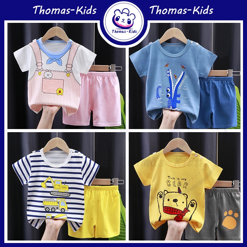 Set Đồ 2 Món Gồm Áo Thun Cotton Tay Cộc In Họa Tiết Khủng Long Hoạt Hì