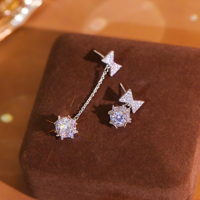 [Jiudolan] Khuyên Tai Đính Đá Zircon Ruy Băng Không Đối Xứng Tinh Tế Sáng Bóng Thanh Lịch Dành Cho Nữ
