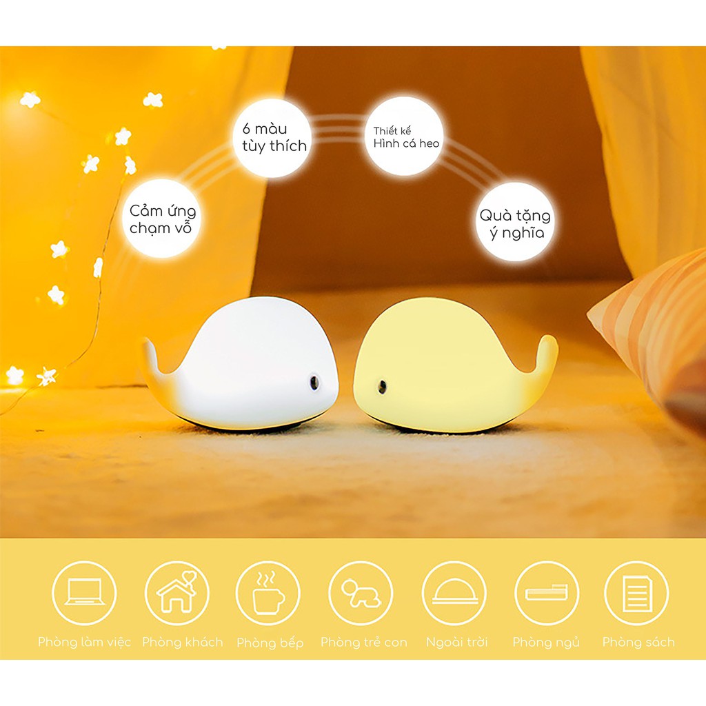 Đèn ngủ để bàn, đèn ngủ LED silicon cảm ứng hình cá heo đáng yêu Jisulife L2, 6 màu LED, cảm ứng chạm thông minh -800mAh