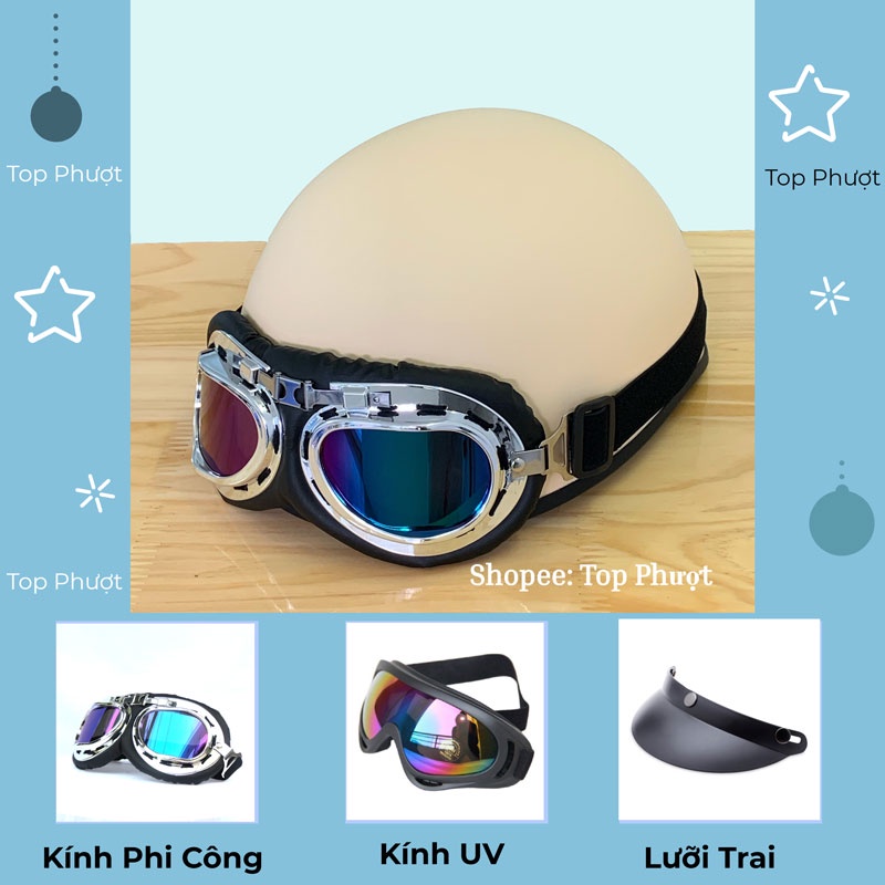 Mũ Bảo Hiểm Nửa Đầu Kem Nhám Có Kính Đạt Chuẩn - Nón Chính Hãng Cao Cấp Của Việt Nam