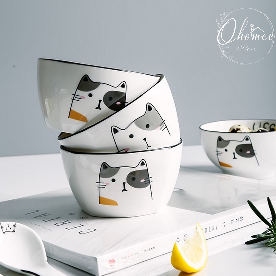 [LẺ] Bát muỗng gốm sứ cao cấp in hình mèo đẹp, dễ thương