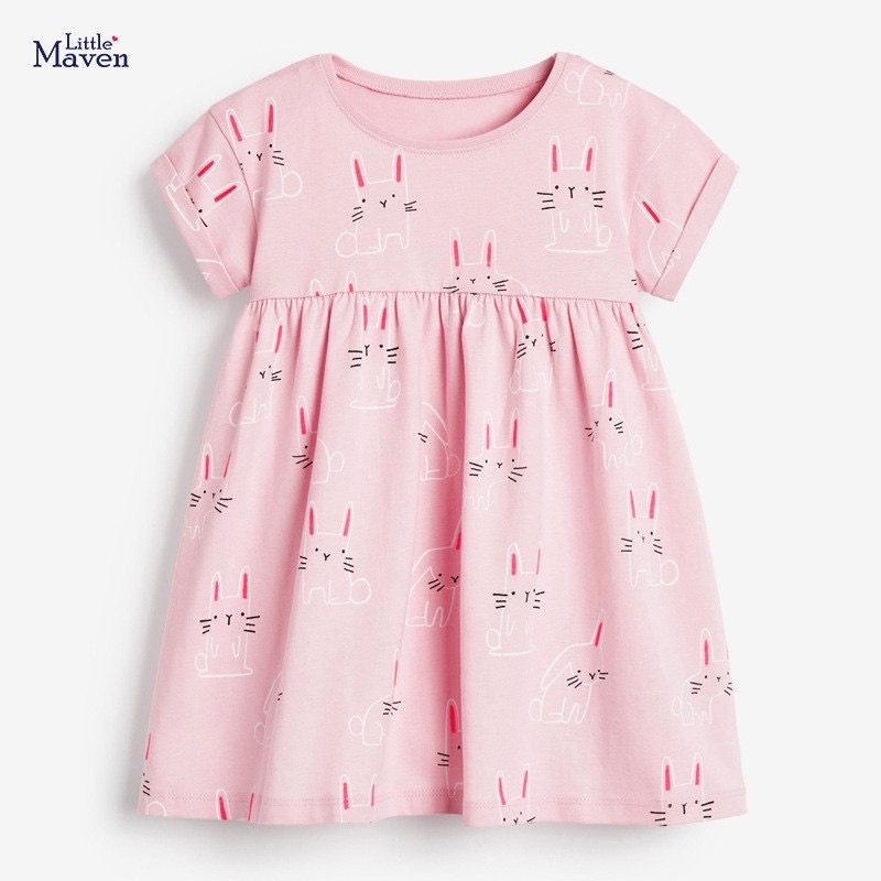 Váy mùa hè Little Maven hồng phấn váy cộc tay bé gái họa tiết mèo siêu xinh