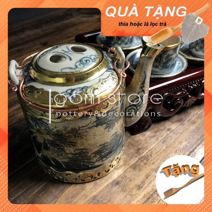 Ấm trà Bát Tràng dáng tích men rạn giả cổ bọc đồng(Bộ ấm trà trên không kèm khay)