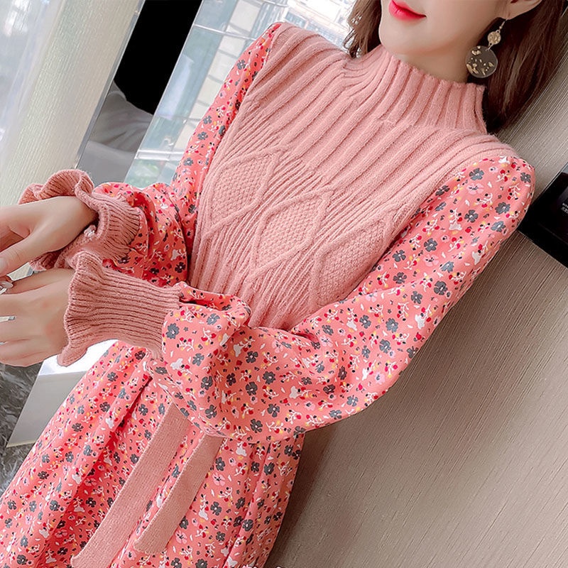 Autumn and winter Korean style stitching long knitted thin skirt fashion floral knitted dress