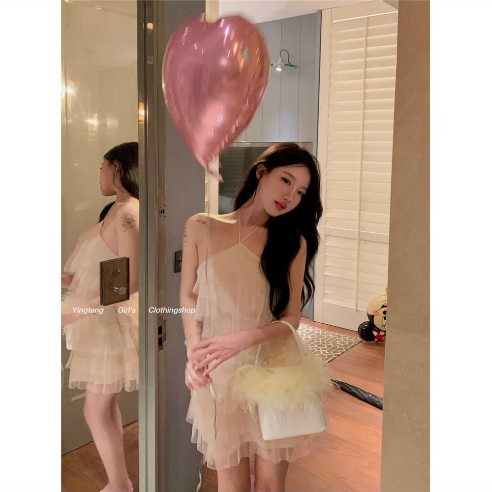 Đầm Hai Dây Dáng Chữ a Phối Lưới Màu Trắng Thời Trang Mùa Hè Xinh Xắn Cho Nữ