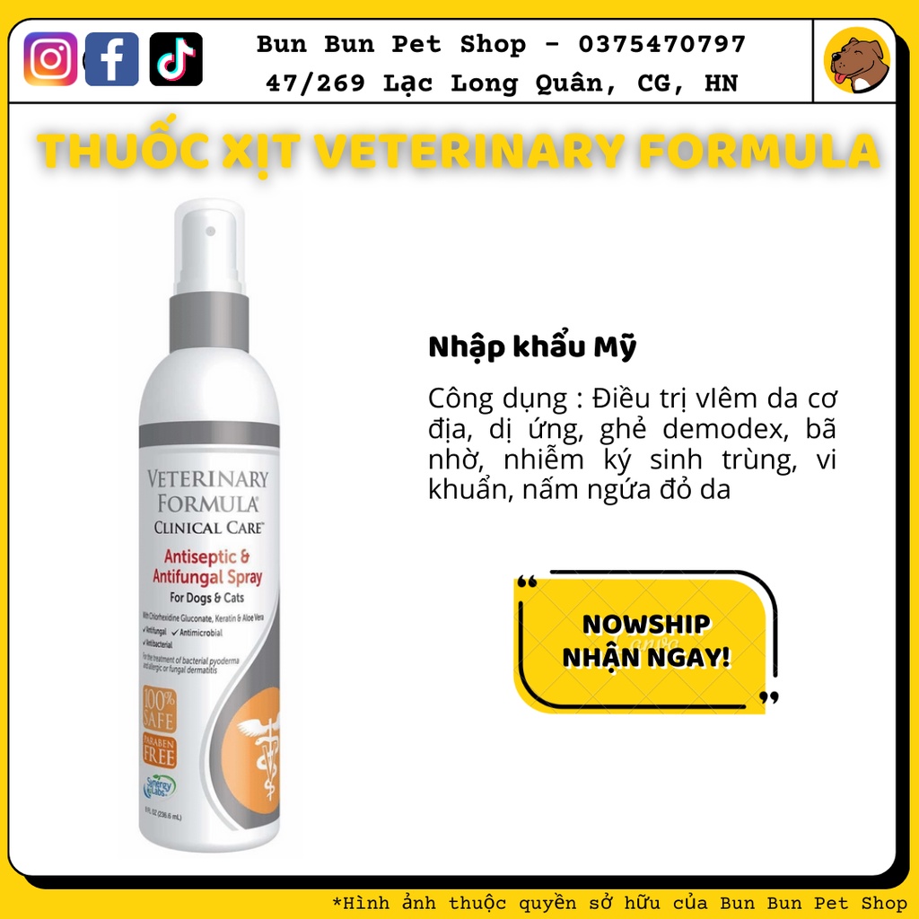 30ml Xịt Nấm Ghẻ Viêm Da Veterinary Formula của Mỹ cho chó mèo