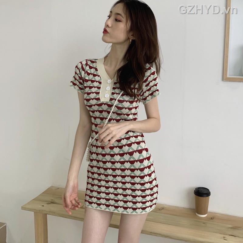 66☢JS Knitted Short Sleeve Knit Dress Korean Style V-neck Hugging Form