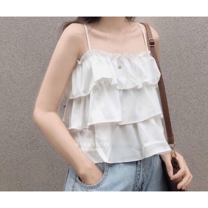 Áo Hai Dây Nữ Viền Bèo 3 Tầng 🦋 Áo Đũi Nữ Croptop Hở Lưng Đen Trắng