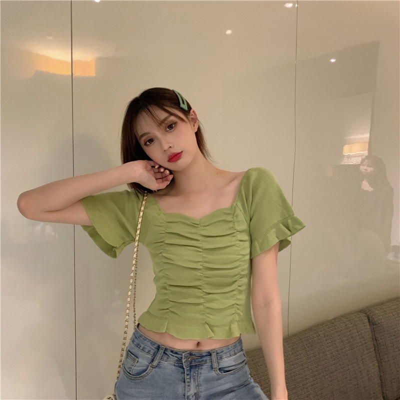 IELGY    Áo Thun Dệt Kim Ngắn Tay Hở Rốn Ôm Dáng Xếp Ly 7 Màu Sắc Tùy Chọn Cho Nữ