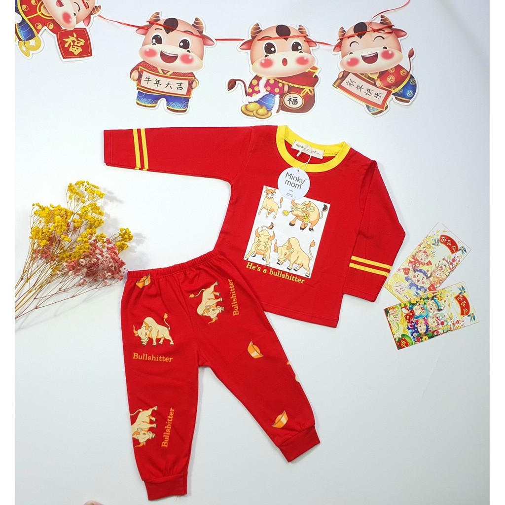 Bộ dài tay cotton cao cấp 100% Minky mom họa tiết trâu cho bé trai bé gái