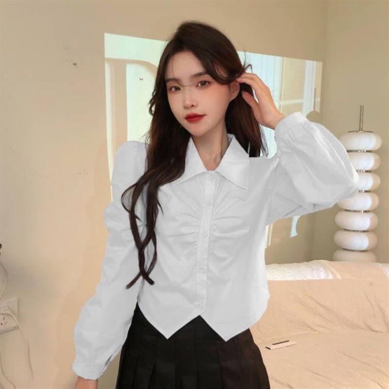 Áo sơ mi croptop nữ ống tay bo dài kiểu dáng nhăn xếp ly phong cách Hàn Quốc thời trang hè