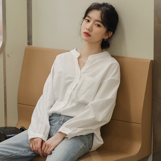 45087 Áo sơ mi dài tay màu trắng cổ chữ V phong cách mới