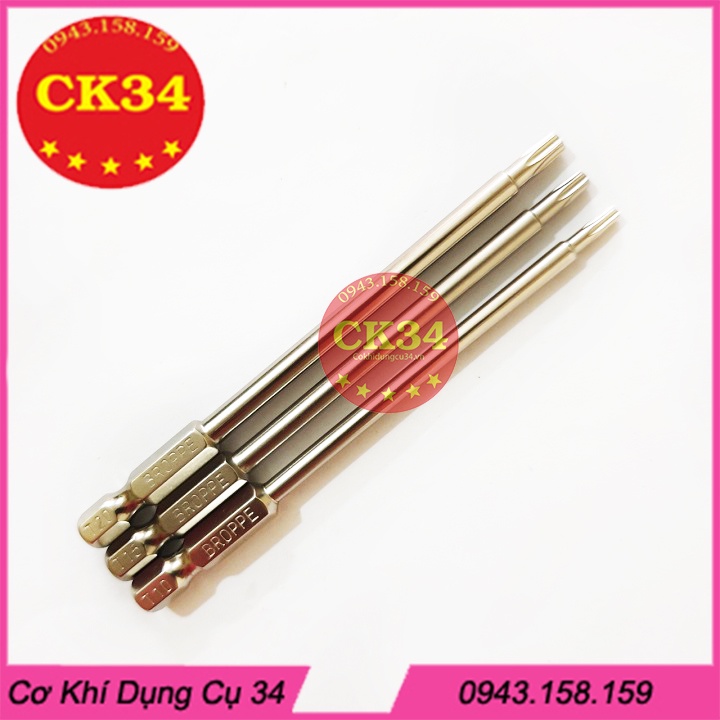 Mũi vít hoa thị có lỗ. Lục giác bông 3 pc cho khoan bắn vít T10, T15, T20 dài 100mm hãng BROPPE