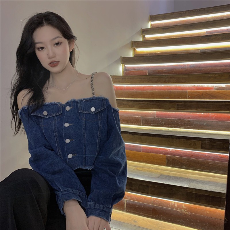 Áo 2 dây denim trễ vai cực cá tính