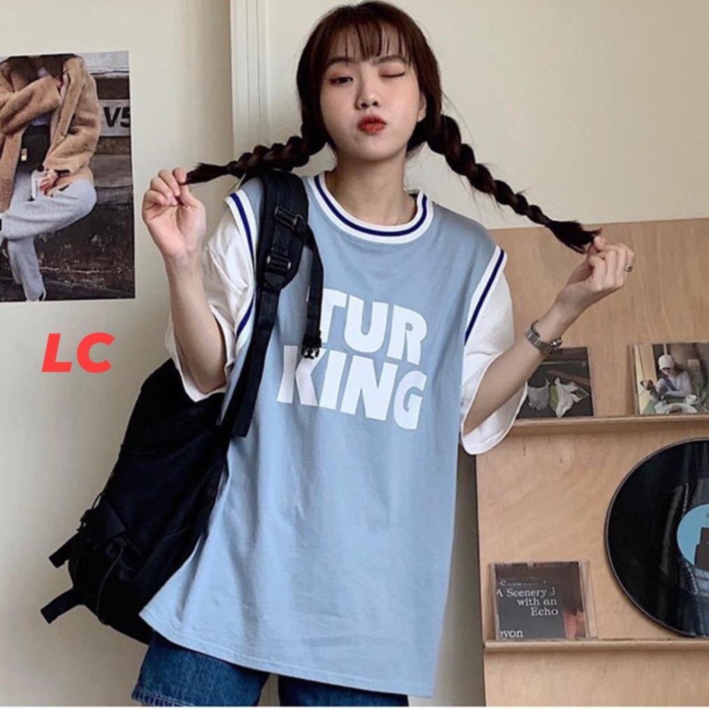 Áo phông phối tanktop bóng rổ tay lỡ unisex form rộng Tur King nam nữ màu xanh pastel cực lạ basics tee thun oversize 😍