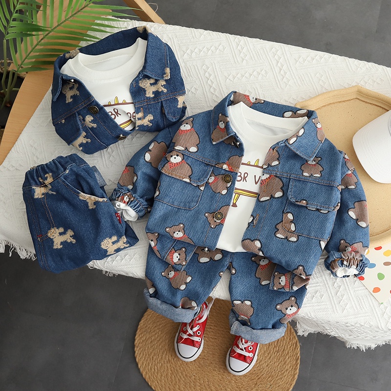 Set Áo Khoác Tay Dài + Quần Denim In Họa Tiết Hoạt Hình Phong Cách Hàn Quốc Dễ Thương Cho Bé Trai / Gái 80-120cm