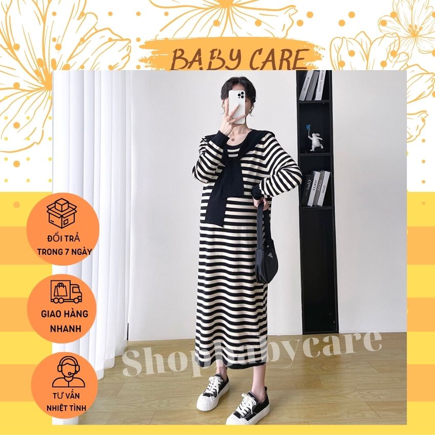 ĐẦM BẦU THU ĐÔNG DÀI TAY KẺ XINH XẮN- VÁY BẦU ĐỆP THIẾT KẾ BUỘC KHĂN,ĐẦM KẺ DÁNG SUÔNG THANH LỊCH