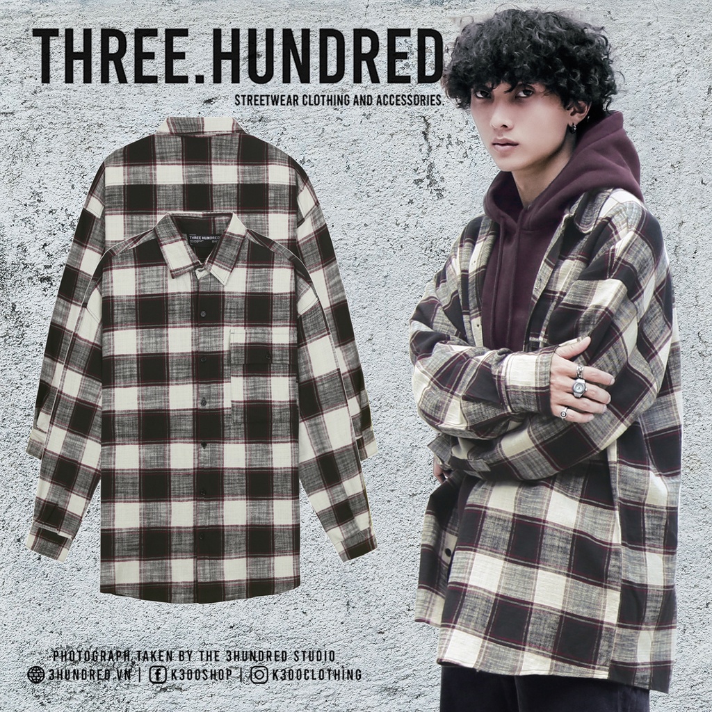 Áo Sơ Mi Flannel Màu Kem Sọc Đỏ Form Rộng Thoải Mái Chất Liệu Cotton Thoáng Mát