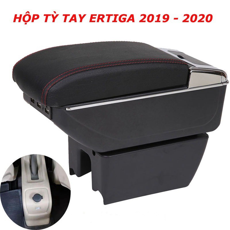 Hộp tỳ tay theo xe Ertiga, XL7 màu đen chỉ đỏ có cổng cắm USB tiện lợi