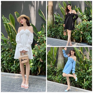 Đầm trễ vai đầm xòe đầm 2 lớp nơ lưng co giãn siêu xinh - OLIVIA DRESS
