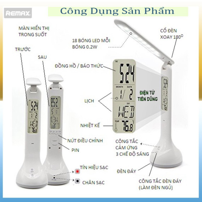 [Nguyên Seal] Đèn học Remax RT-E185 LED chống cận sạc pin - Đèn remax E185 có hiển thị đồng hồ , nhiệt độ cảm ứng chạm ♥