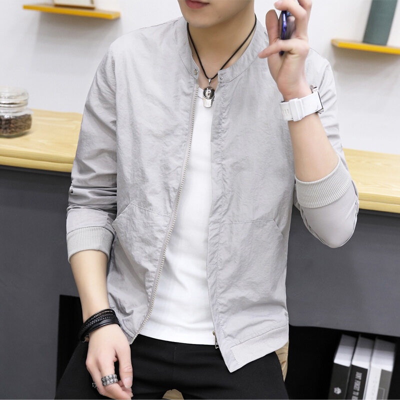 Áo Khoác Bóng Chày Cổ Đứng Màu Trơn Phong Cách Hàn Quốc Thời Trang Mùa Hè Cho Nam