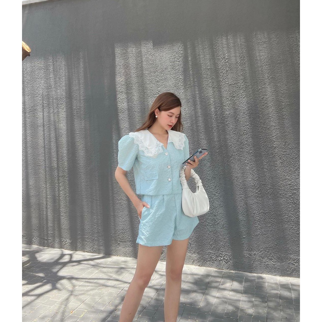 [HÀNG THIẾT KẾ CAO CẤP] Set Xốp Cổ Ren + Quần Short Thoải Mái Mặc Nhà / Đi Biển Màu Trắng / Xanh