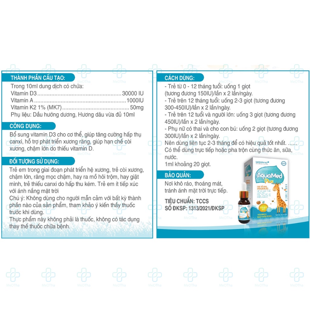 AquaMed Plus MEDSTAND - Bổ Sung Vitamin D3 Cho Trẻ, Phát Triển Xương Răng, Hạn Chế Còi Xương, Chậm Lớn (Lọ 10ml)