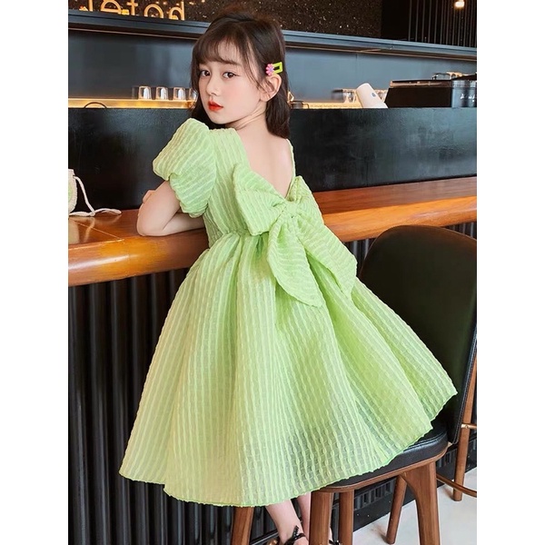 Váy Công Chúa Nơ AMIKIDS, Đầm Bé Gái Màu Xanh Cốm Thiết Kế Cao Cấp Đũi Xốp Mềm Mát Cho Bé (15-25kg)