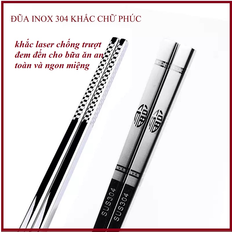 Bộ 5 đôi đũa INOX 304 PHÚC LÀNH ,khắc laser chống trượt,Đũa Vuông Kim Loại Cao Cấp