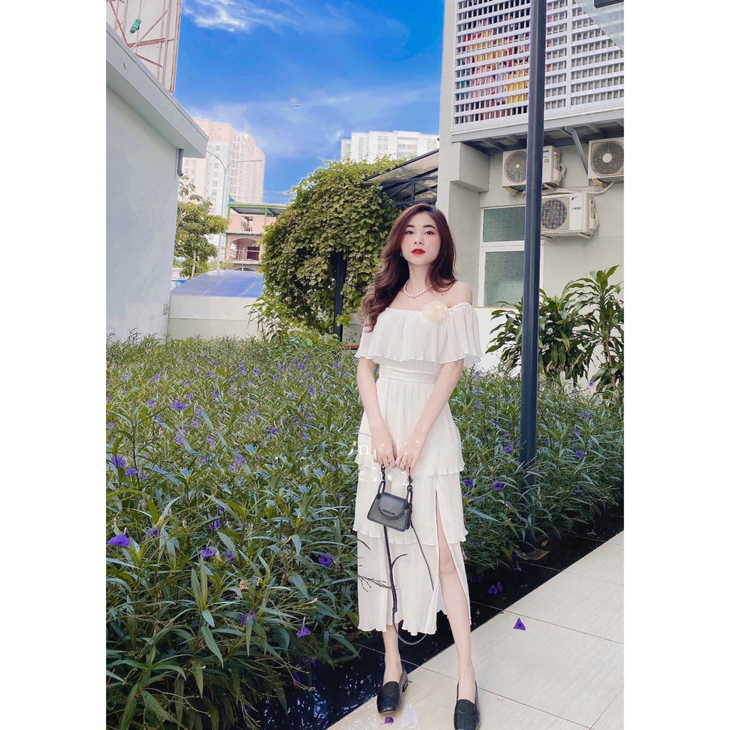 Đầm maxi dập ly đi biển đi tiệc tầng bẹt vai kèm hoa Size S M | BigBuy360 - bigbuy360.vn