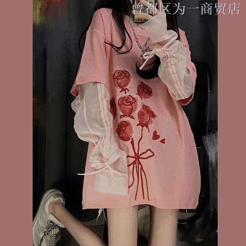 Áo Thun Tay Ngắn Dáng Rộng In Họa Tiết Hoa Hồng Thời Trang Mùa Hè Phong Cách Hàn Quốc