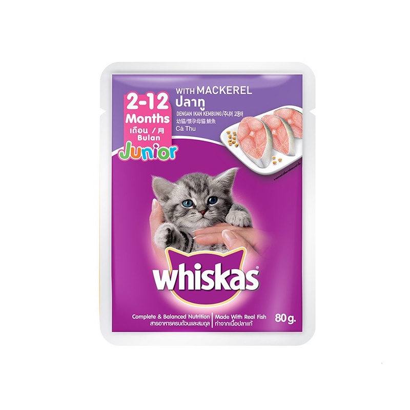 Pate mèo con Whiskas 2 vị cá ngừ cá thu tươi ngon hấp dẫn giàu dinh dưỡng dạng túi 80g